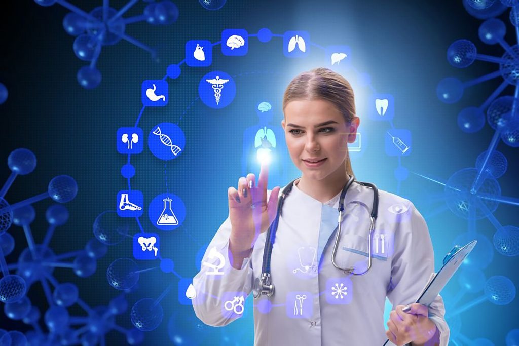 A doctor touching a medical network connection icon on a virtual screen interface, with another doctor in the background.