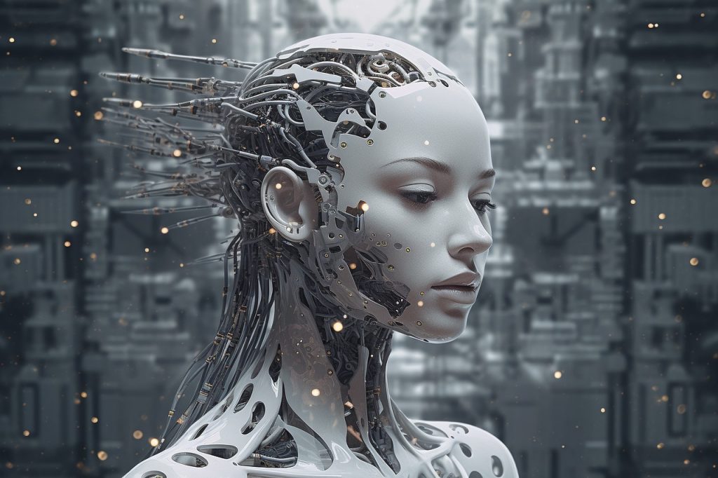 A computer-generated image of a female robot with blue eyes and wires on her head, representing AI ethics.